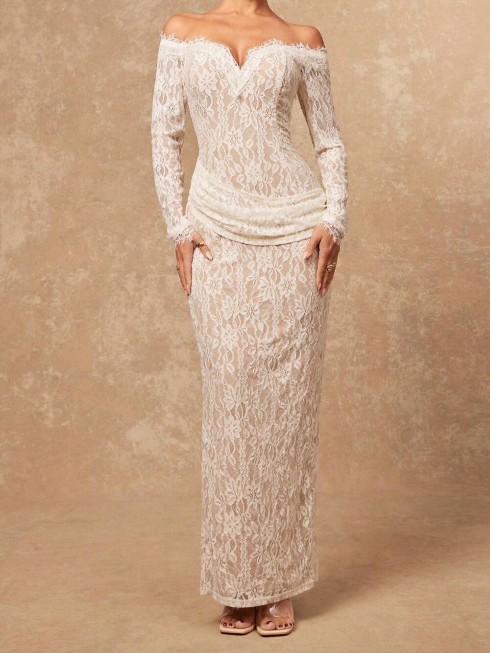 White Elegant Off-Shoulder Lace Ruched Slim Fit Women's Maxi Dress